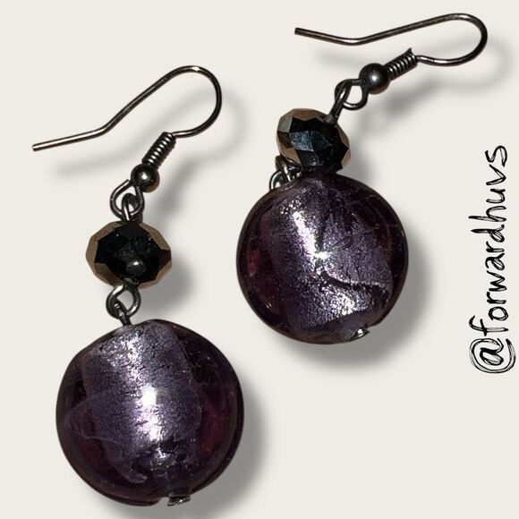 Handmade Purple Foiled Lampwork Glass Bead Earrings - Picture 4 of 6
